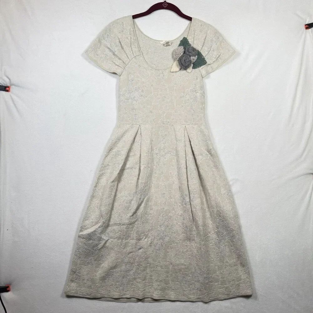 Anthropologie Moth Knit Dress Small Ivory Floral Appliqué Fit Flare Pleated